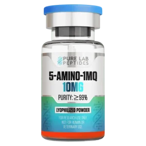 5-Aminio-1MQ-10mg research peptide vial with dosage and benefit information
