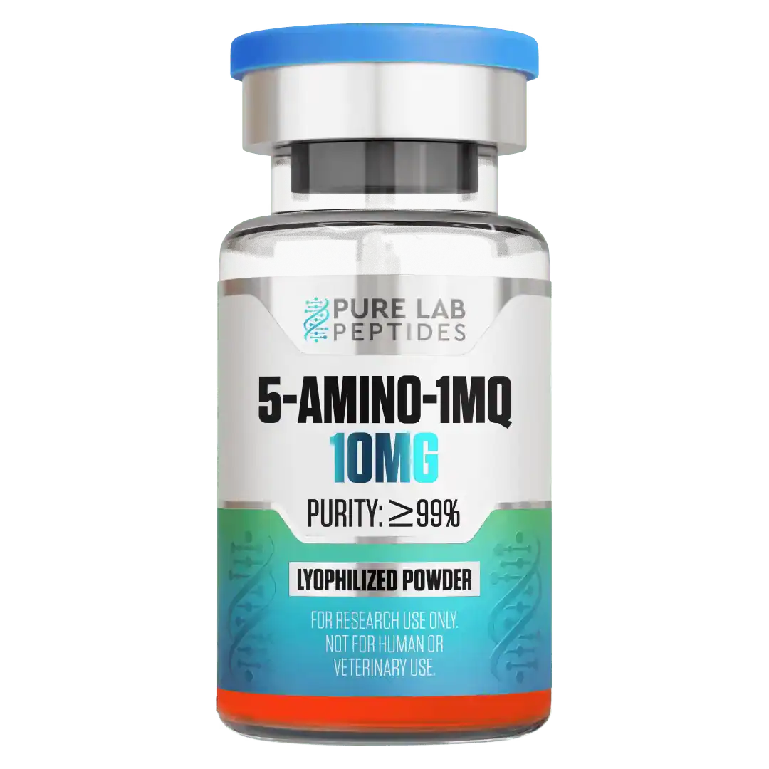 5-Aminio-1MQ-10mg research peptide vial with dosage and benefit information