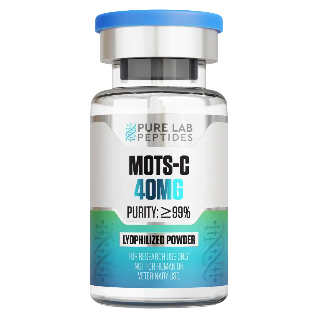 MOTS-c-40mg research peptide vial with dosage and benefit information
